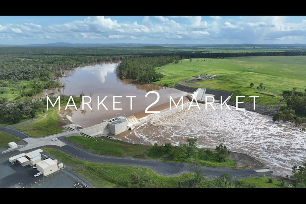 Aerial footage over small hydro dam on river in Central Queensland